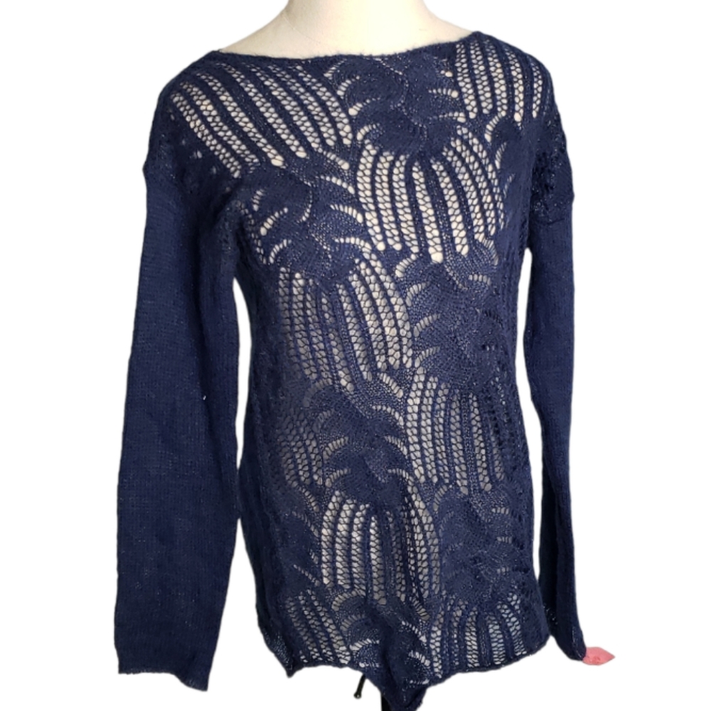 Crochet Sweater S  Knit Scallop Boho Lightweight Semi Sheer Chiaramente Italian